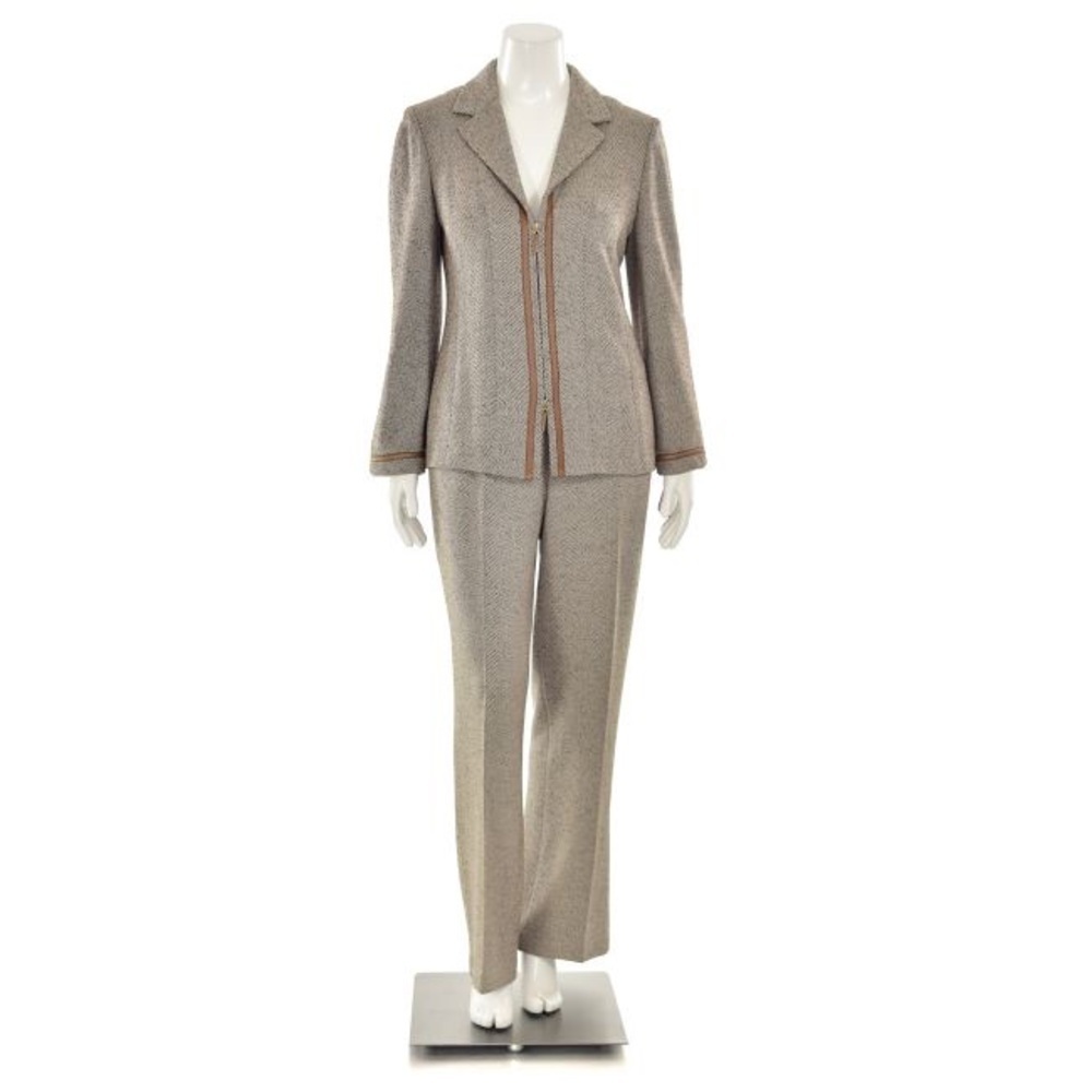 St. John Collection 3pc Leather Trimmed Pantsuit/Skirtsuit in Mocha Tweed